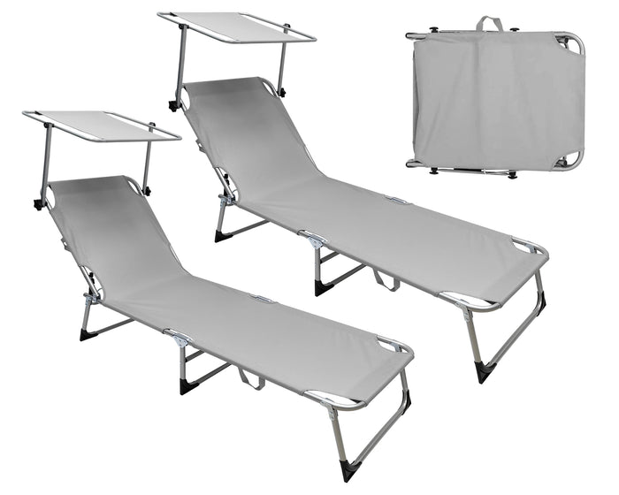 Coppia Set 2 Pezzi Lettino Malta Prendisole Con Tettino Parasole Struttura In Alluminio Anodizzato Schienale Regolabile Pieghevole Professionale Tessuto Textilene - Grigio