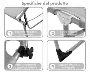 Coppia Set 2 Pezzi Lettino Malta Prendisole Con Tettino Parasole Struttura In Alluminio Anodizzato Schienale Regolabile Pieghevole Professionale Tessuto Textilene - Grigio