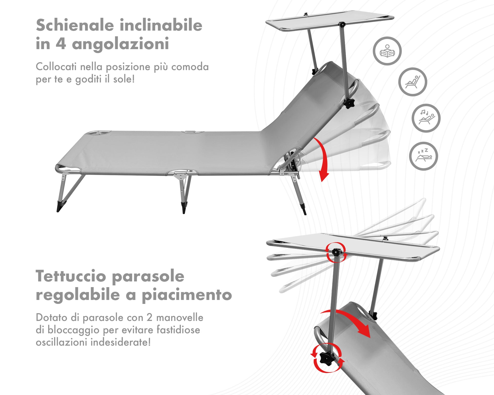 Coppia Set 2 Pezzi Lettino Malta Prendisole Con Tettino Parasole Struttura In Alluminio Anodizzato Schienale Regolabile Pieghevole Professionale Tessuto Textilene - Grigio