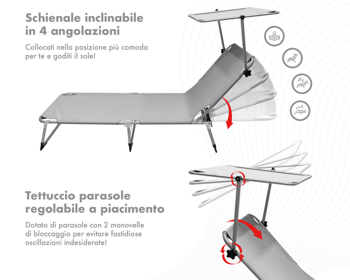 Coppia Set 2 Pezzi Lettino Malta Prendisole Con Tettino Parasole Struttura In Alluminio Anodizzato Schienale Regolabile Pieghevole Professionale Tessuto Textilene - Grigio
