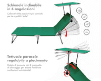 Coppia Set 2 Pezzi Lettino Malta Prendisole Con Tettino Parasole Struttura In Alluminio Anodizzato Schienale Regolabile Pieghevole Professionale Tessuto Textilene - Petrolio