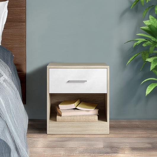 Comodino Moderno Cassetto Con Maniglia E Scomparto Aperto Camera Da Letto Portalibri Oggetti Mensola Libreria  - Naturale