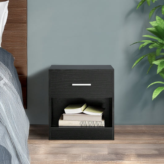 Comodino Moderno Cassetto Con Maniglia E Scomparto Aperto Camera Da Letto Portalibri Oggetti Mensola Libreria  - Nero