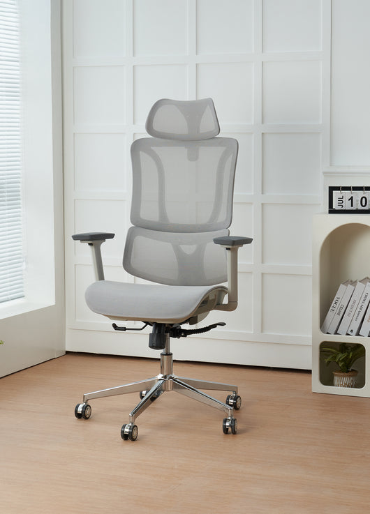 Sedia Da Ufficio Elegante Poltrona Direzionale Ergonomica Design Moderno Colore Nero Rivestimento Ecopelle Base Cromata Ruote Silenzione Seduta Scrivania Sala Riunioni Schienale Alto - Grigio