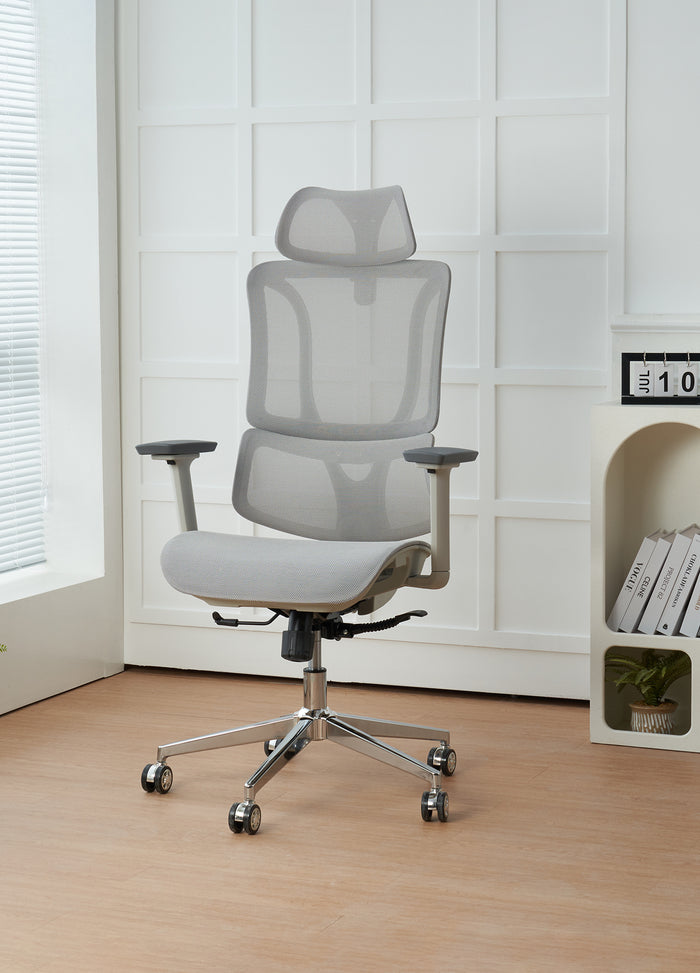 Sedia Da Ufficio Elegante Poltrona Direzionale Ergonomica Design Moderno Colore Nero Rivestimento Ecopelle Base Cromata Ruote Silenzione Seduta Scrivania Sala Riunioni Schienale Alto - Grigio