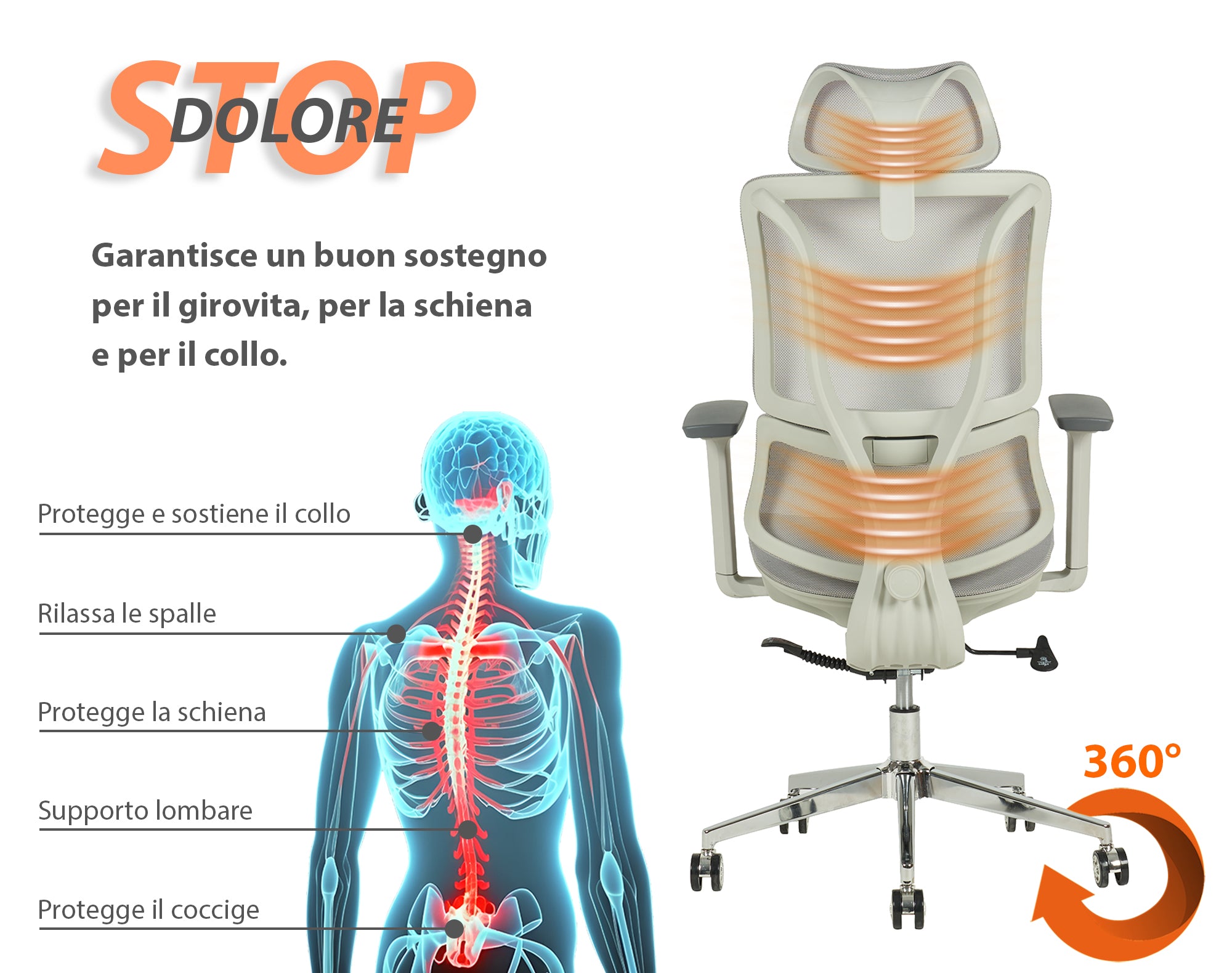 Sedia Da Ufficio Elegante Poltrona Direzionale Ergonomica Design Moderno Colore Nero Rivestimento Ecopelle Base Cromata Ruote Silenzione Seduta Scrivania Sala Riunioni Schienale Alto - Grigio