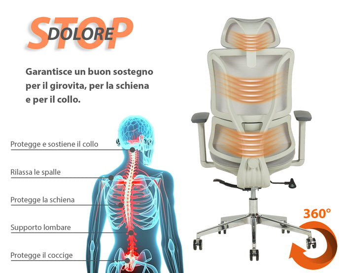 Sedia Da Ufficio Elegante Poltrona Direzionale Ergonomica Design Moderno Colore Nero Rivestimento Ecopelle Base Cromata Ruote Silenzione Seduta Scrivania Sala Riunioni Schienale Alto - Grigio