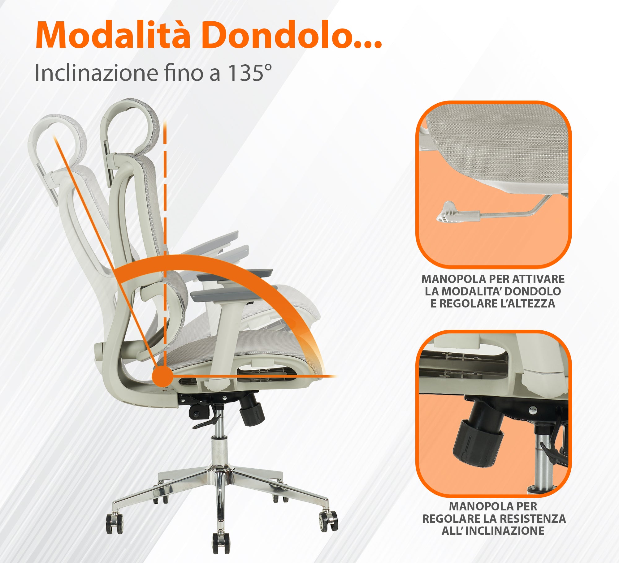Sedia Da Ufficio Elegante Poltrona Direzionale Ergonomica Design Moderno Colore Nero Rivestimento Ecopelle Base Cromata Ruote Silenzione Seduta Scrivania Sala Riunioni Schienale Alto - Grigio