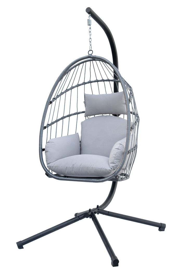 Sedia A Dondolo Poltrona Pensile Sospesa In Rattan Struttura In Acciaio Cuscini Sfoderabili Ovetto Richiudibile Altalena Giardino Casa Struttura Inclusa - Grigio chiaro