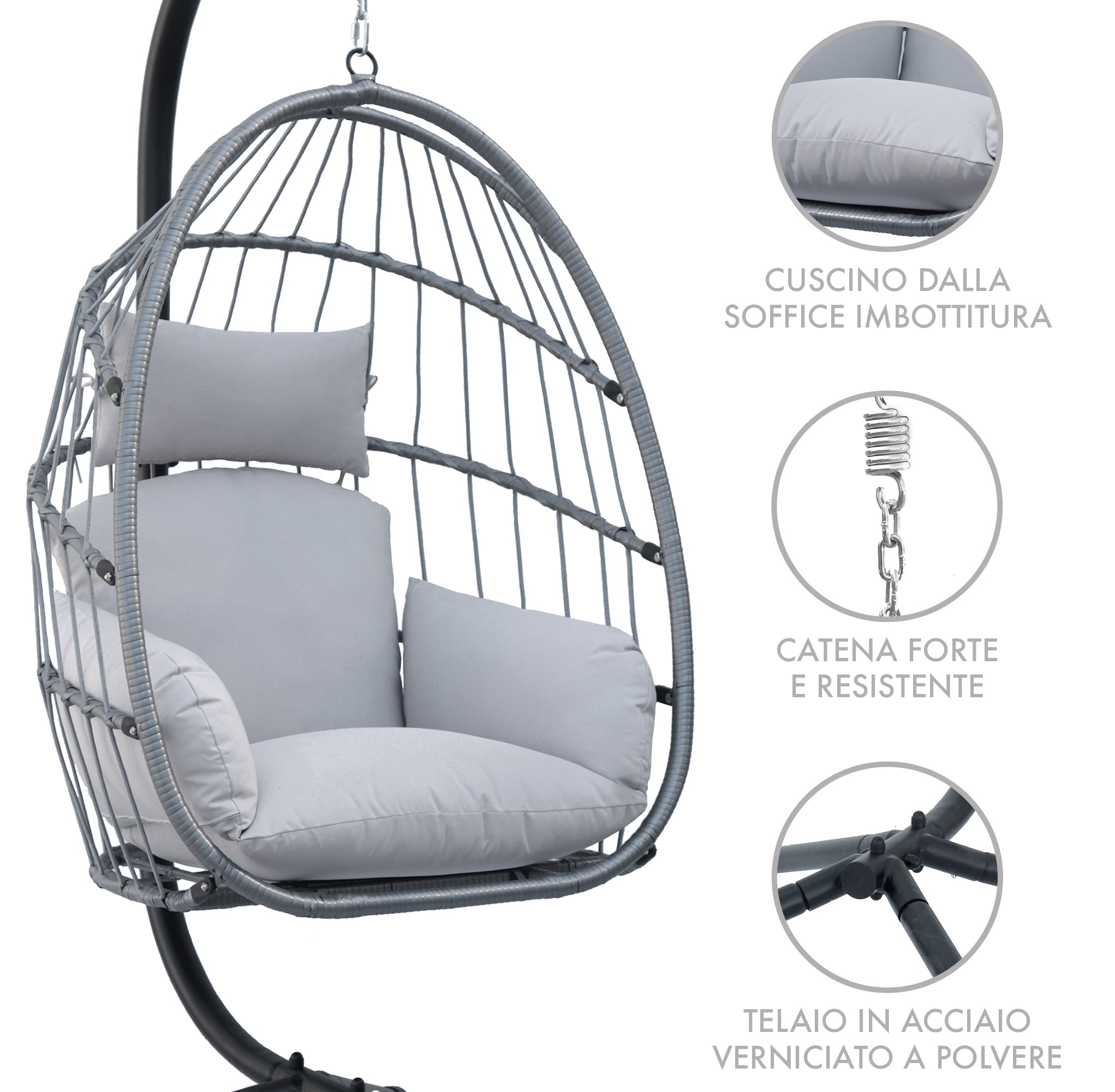 Sedia A Dondolo Poltrona Pensile Sospesa In Rattan Struttura In Acciaio Cuscini Sfoderabili Ovetto Richiudibile Altalena Giardino Casa Struttura Inclusa - Grigio chiaro