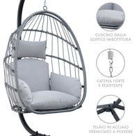 Sedia A Dondolo Poltrona Pensile Sospesa In Rattan Struttura In Acciaio Cuscini Sfoderabili Ovetto Richiudibile Altalena Giardino Casa Struttura Inclusa - Grigio chiaro
