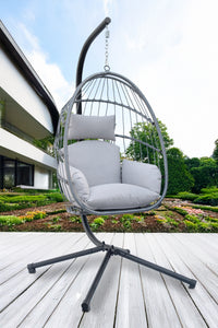Sedia A Dondolo Poltrona Pensile Sospesa In Rattan Struttura In Acciaio Cuscini Sfoderabili Ovetto Richiudibile Altalena Giardino Casa Struttura Inclusa - Grigio chiaro