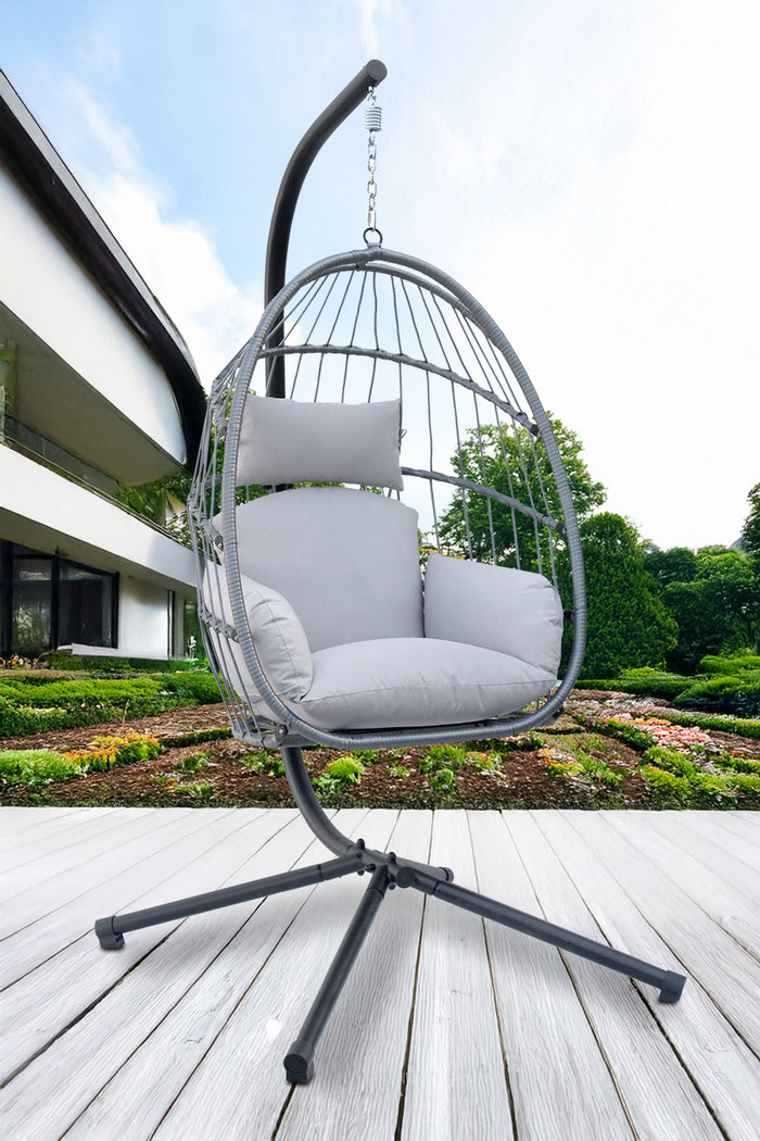 Sedia A Dondolo Poltrona Pensile Sospesa In Rattan Struttura In Acciaio Cuscini Sfoderabili Ovetto Richiudibile Altalena Giardino Casa Struttura Inclusa - Grigio chiaro