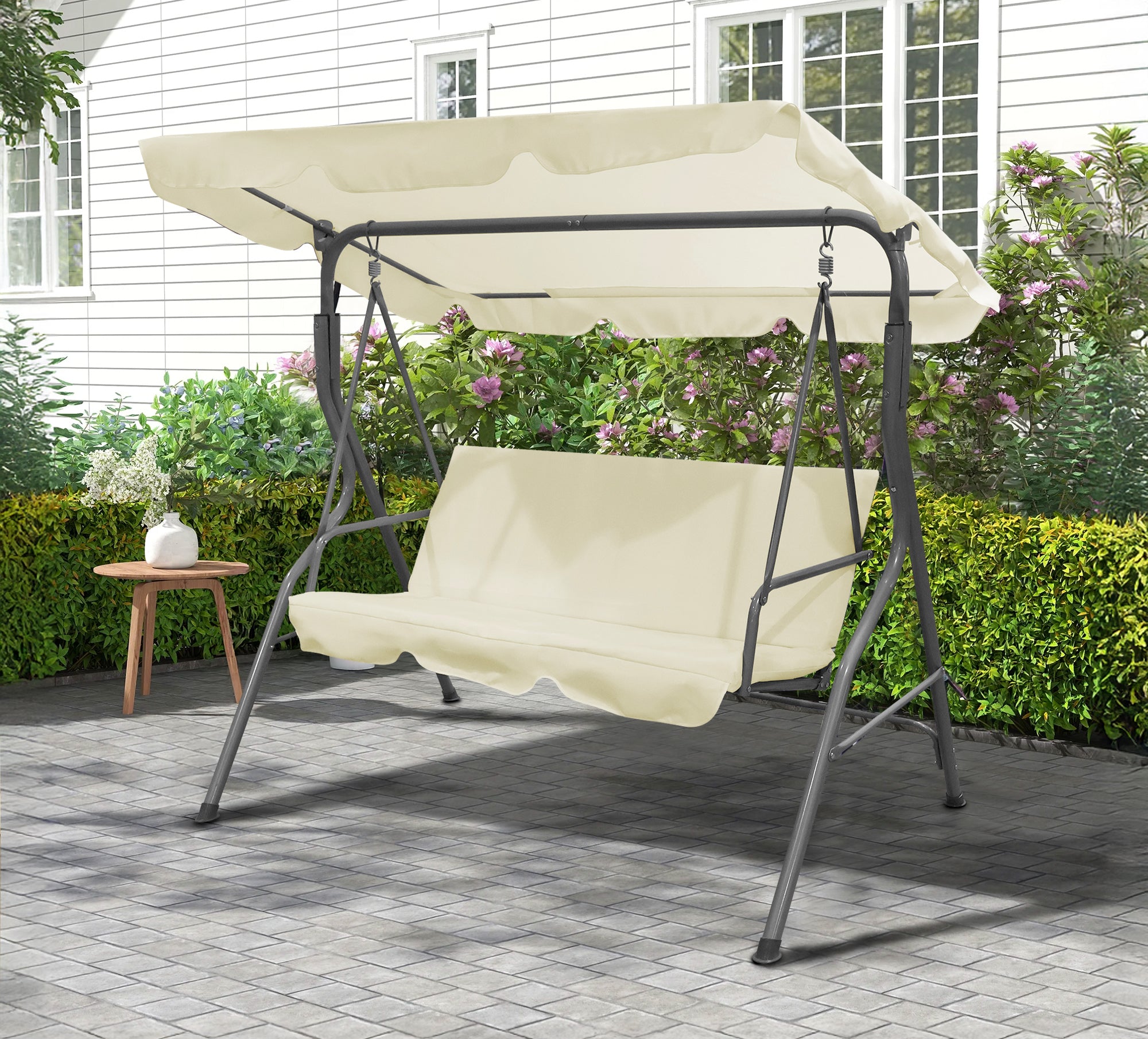 Dondolo Da Giardino 3 Posti Con Tetto Parasole Regolabile Reclinabile Impermeabile Struttura In Acciaio 173x109x157 Cm Tinta Unita Seduta Ammortizzata  Crema