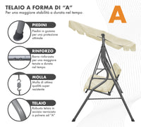 Dondolo Da Giardino 3 Posti Con Tetto Parasole Regolabile Reclinabile Impermeabile Struttura In Acciaio 173x109x157 Cm Tinta Unita Seduta Ammortizzata  Crema