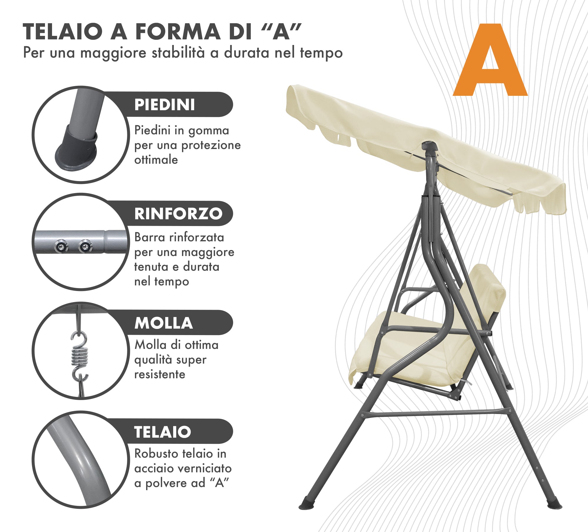 Dondolo Da Giardino 3 Posti Con Tetto Parasole Regolabile Reclinabile Impermeabile Struttura In Acciaio 173x109x157 Cm Tinta Unita Seduta Ammortizzata  Crema