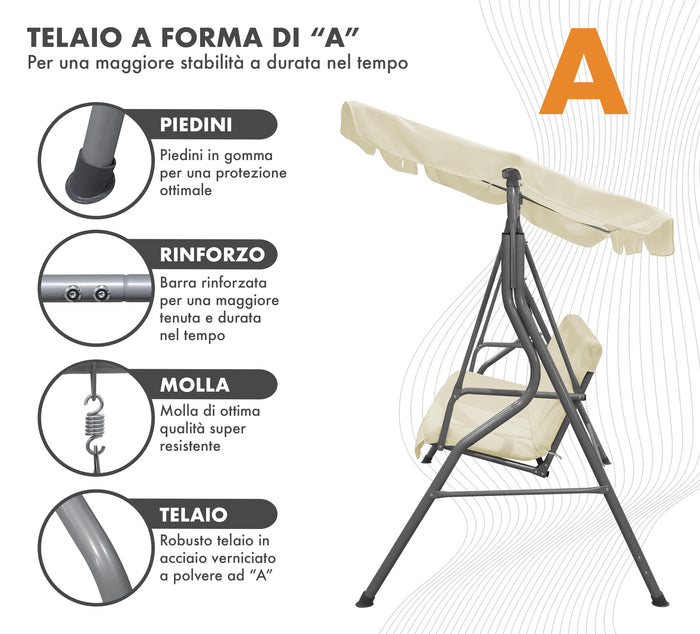 Dondolo Da Giardino 3 Posti Con Tetto Parasole Regolabile Reclinabile Impermeabile Struttura In Acciaio 173x109x157 Cm Tinta Unita Seduta Ammortizzata  Crema