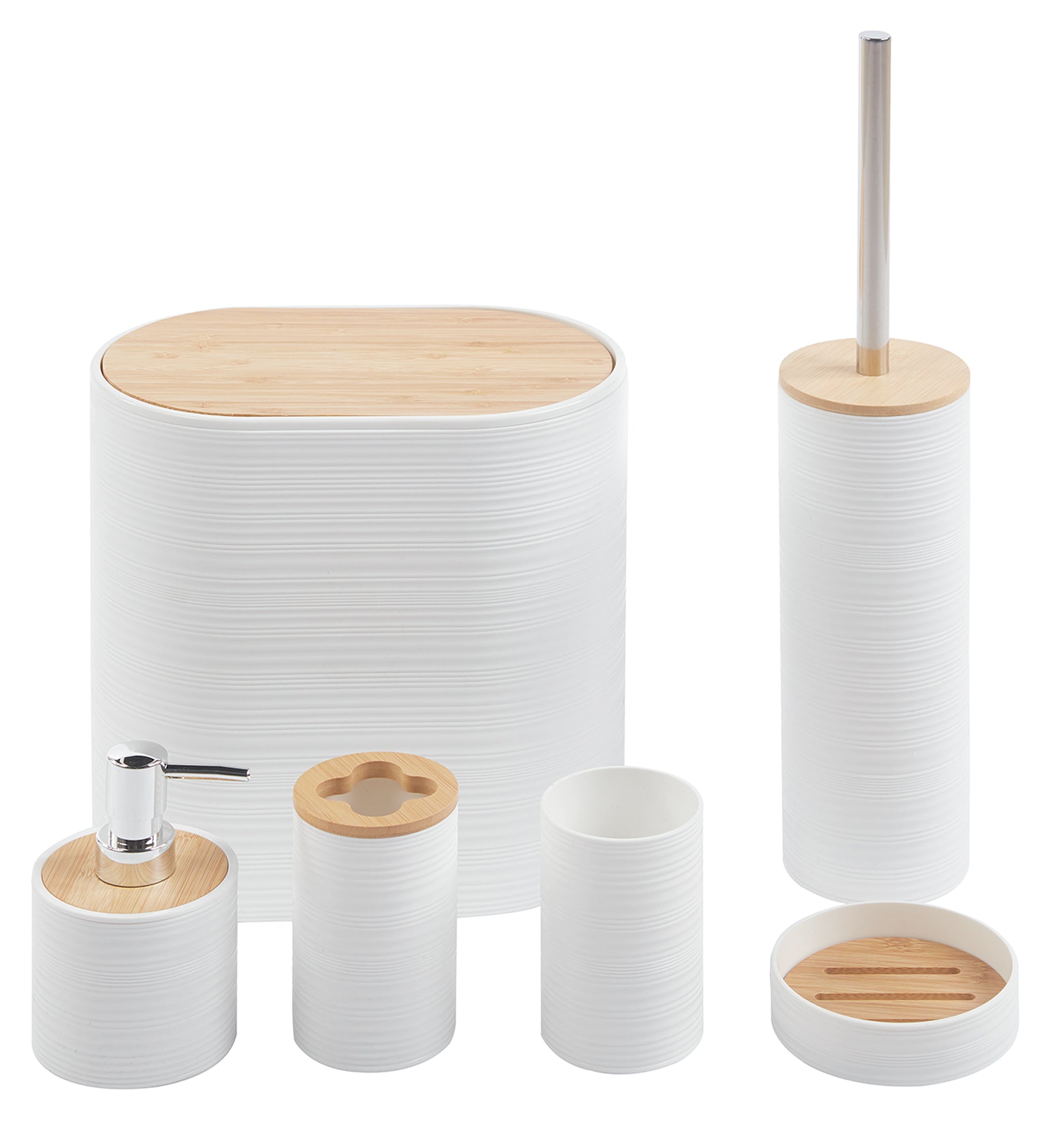 Set Completo Accessori Bagno 6 Pezzi Design Moderno In Plastica e Bambù Incluso Cestino Pattumiera,Dispenser Sapone, PortaSaponetta, Porta Spazzolini - Bianco