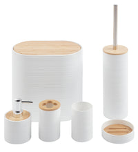 Set Completo Accessori Bagno 6 Pezzi Design Moderno In Plastica e Bambù Incluso Cestino Pattumiera,Dispenser Sapone, PortaSaponetta, Porta Spazzolini - Bianco