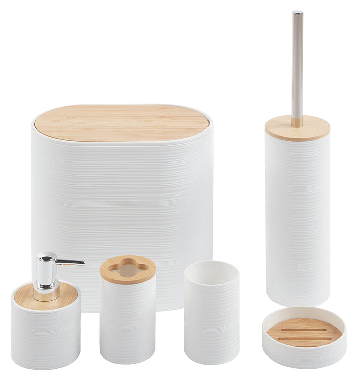 Set Completo Accessori Bagno 6 Pezzi Design Moderno In Plastica e Bambù Incluso Cestino Pattumiera,Dispenser Sapone, PortaSaponetta, Porta Spazzolini - Bianco