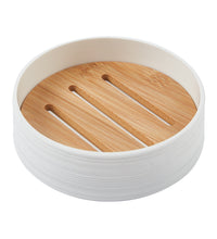 Set Completo Accessori Bagno 6 Pezzi Design Moderno In Plastica e Bambù Incluso Cestino Pattumiera,Dispenser Sapone, PortaSaponetta, Porta Spazzolini - Bianco