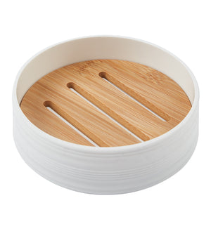 Set Completo Accessori Bagno 6 Pezzi Design Moderno In Plastica e Bambù Incluso Cestino Pattumiera,Dispenser Sapone, PortaSaponetta, Porta Spazzolini - Bianco