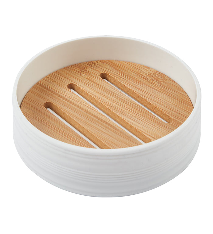 Set Completo Accessori Bagno 6 Pezzi Design Moderno In Plastica e Bambù Incluso Cestino Pattumiera,Dispenser Sapone, PortaSaponetta, Porta Spazzolini - Bianco