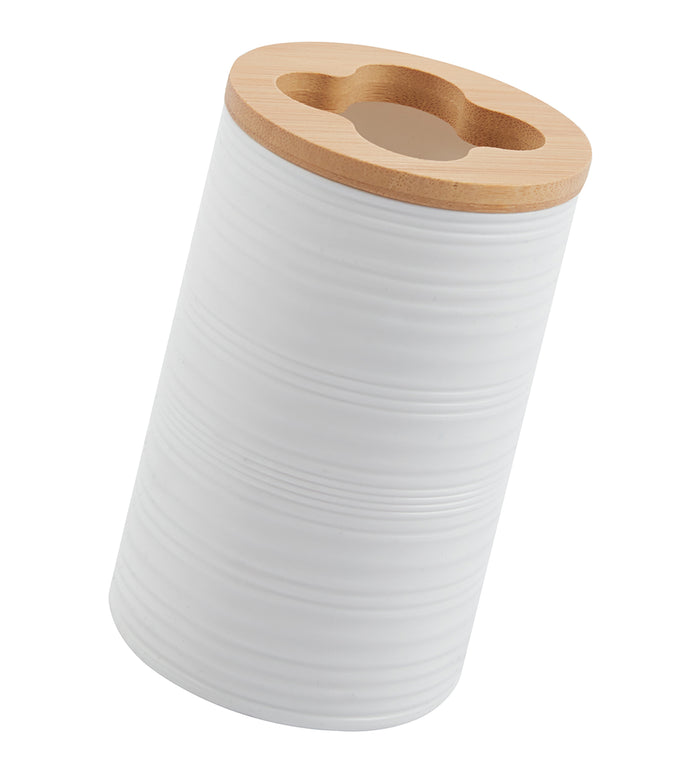 Set Completo Accessori Bagno 6 Pezzi Design Moderno In Plastica e Bambù Incluso Cestino Pattumiera,Dispenser Sapone, PortaSaponetta, Porta Spazzolini - Bianco