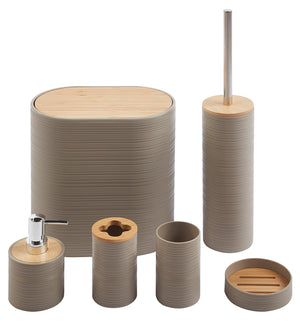 Set Completo Accessori Bagno 6 Pezzi Design Moderno In Plastica e Bambù Incluso Cestino Pattumiera,Dispenser Sapone, PortaSaponetta, Porta Spazzolini - Caffe