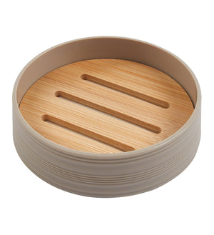 Set Completo Accessori Bagno 6 Pezzi Design Moderno In Plastica e Bambù Incluso Cestino Pattumiera,Dispenser Sapone, PortaSaponetta, Porta Spazzolini - Caffe