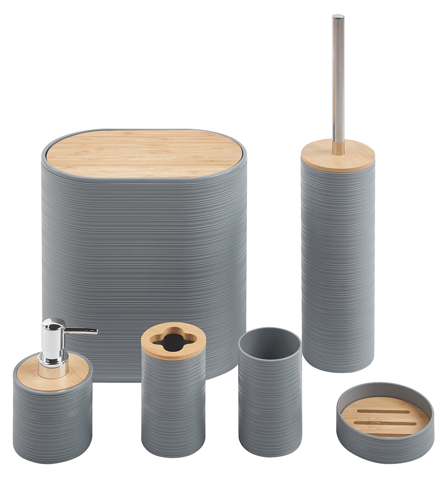 Set Completo Accessori Bagno 6 Pezzi Design Moderno In Plastica e Bambù Incluso Cestino Pattumiera,Dispenser Sapone, PortaSaponetta, Porta Spazzolini - Grigio