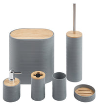 Set Completo Accessori Bagno 6 Pezzi Design Moderno In Plastica e Bambù Incluso Cestino Pattumiera,Dispenser Sapone, PortaSaponetta, Porta Spazzolini - Grigio