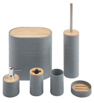Set Completo Accessori Bagno 6 Pezzi Design Moderno In Plastica e Bambù Incluso Cestino Pattumiera,Dispenser Sapone, PortaSaponetta, Porta Spazzolini - Grigio