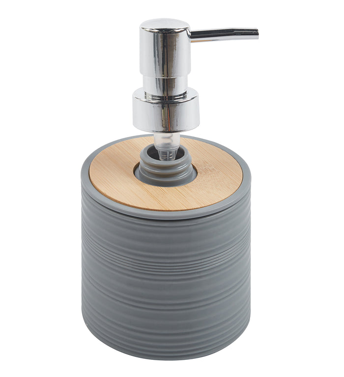 Set Completo Accessori Bagno 6 Pezzi Design Moderno In Plastica e Bambù Incluso Cestino Pattumiera,Dispenser Sapone, PortaSaponetta, Porta Spazzolini - Grigio