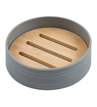 Set Completo Accessori Bagno 6 Pezzi Design Moderno In Plastica e Bambù Incluso Cestino Pattumiera,Dispenser Sapone, PortaSaponetta, Porta Spazzolini - Grigio