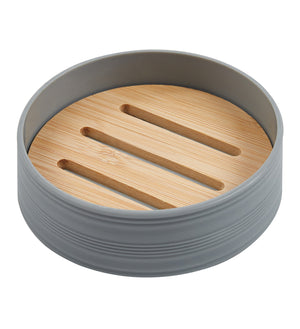 Set Completo Accessori Bagno 6 Pezzi Design Moderno In Plastica e Bambù Incluso Cestino Pattumiera,Dispenser Sapone, PortaSaponetta, Porta Spazzolini - Grigio