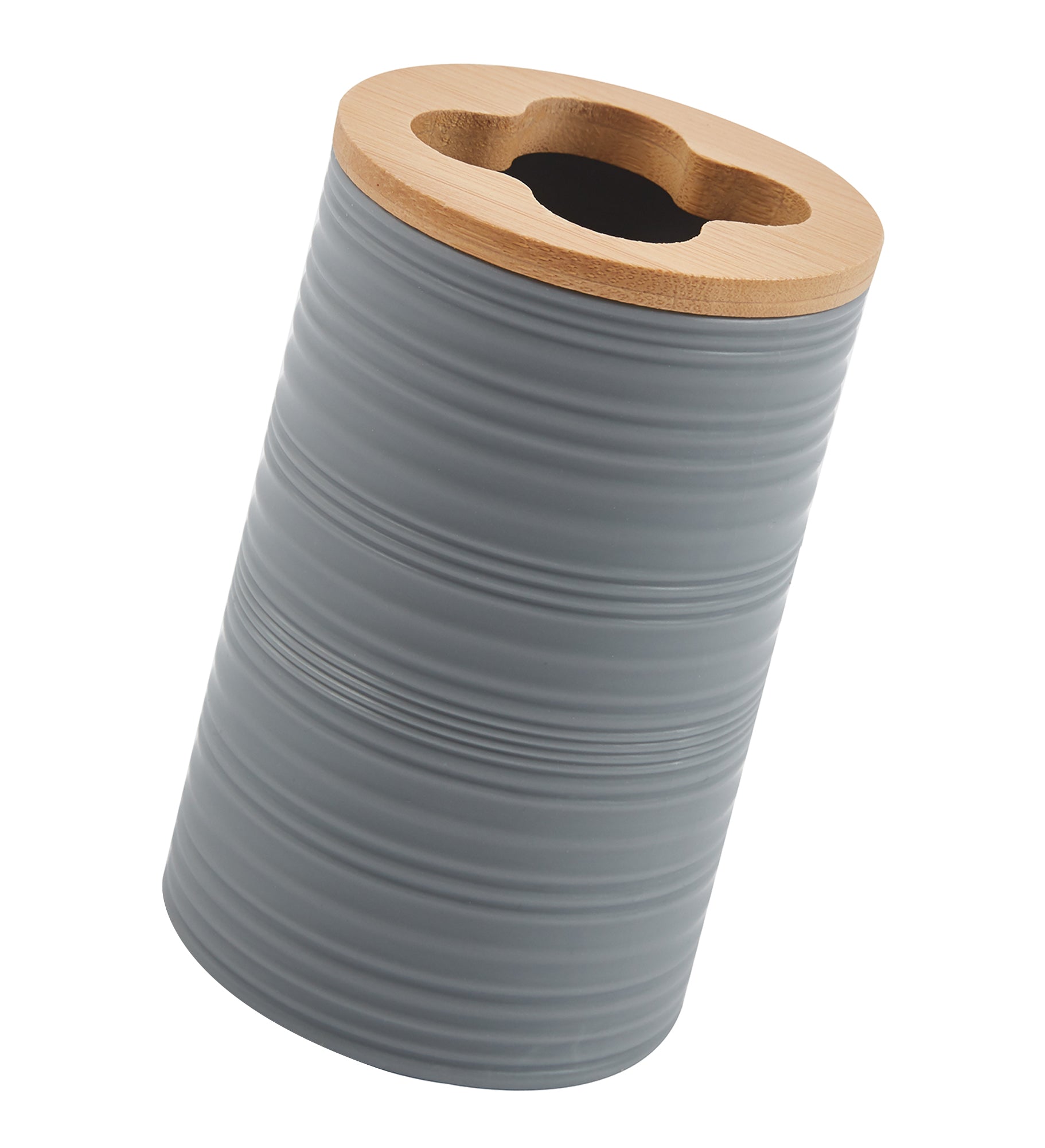 Set Completo Accessori Bagno 6 Pezzi Design Moderno In Plastica e Bambù Incluso Cestino Pattumiera,Dispenser Sapone, PortaSaponetta, Porta Spazzolini - Grigio