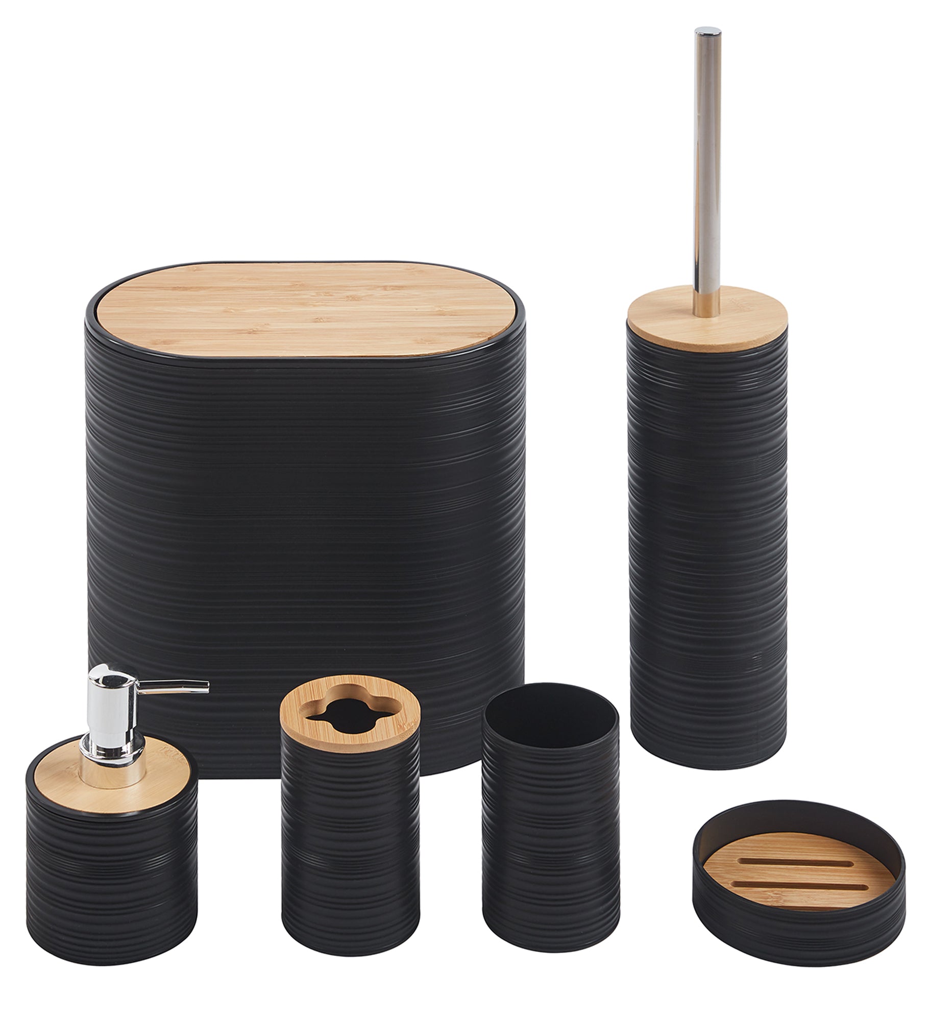 Set Completo Accessori Bagno 6 Pezzi Design Moderno In Plastica e Bambù Incluso Cestino Pattumiera,Dispenser Sapone, PortaSaponetta, Porta Spazzolini - Nero