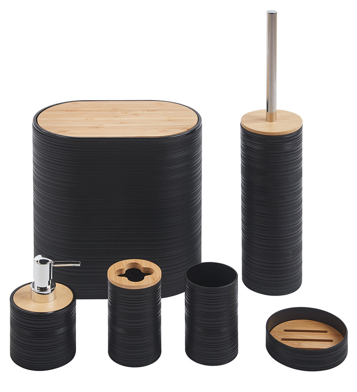 Set Completo Accessori Bagno 6 Pezzi Design Moderno In Plastica e Bambù Incluso Cestino Pattumiera,Dispenser Sapone, PortaSaponetta, Porta Spazzolini - Nero