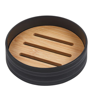 Set Completo Accessori Bagno 6 Pezzi Design Moderno In Plastica e Bambù Incluso Cestino Pattumiera,Dispenser Sapone, PortaSaponetta, Porta Spazzolini - Nero