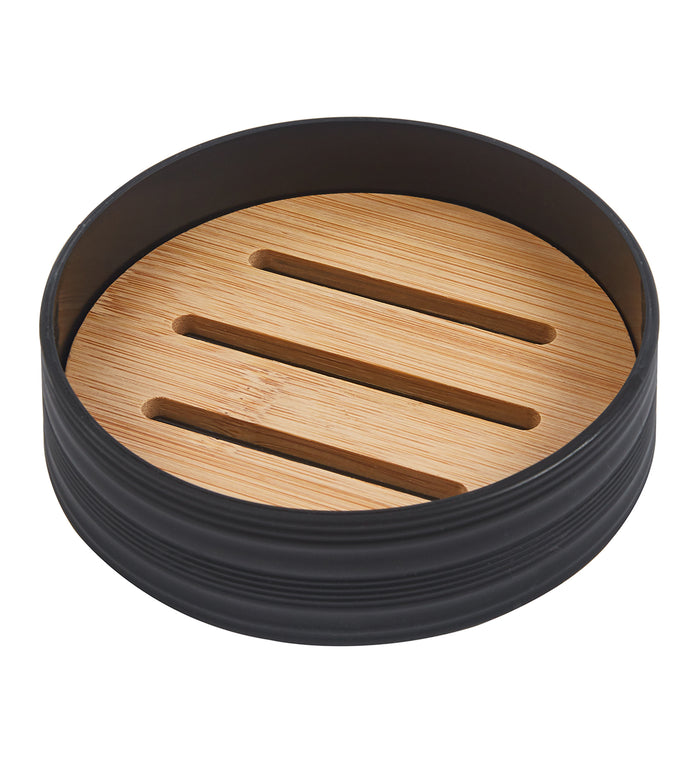 Set Completo Accessori Bagno 6 Pezzi Design Moderno In Plastica e Bambù Incluso Cestino Pattumiera,Dispenser Sapone, PortaSaponetta, Porta Spazzolini - Nero