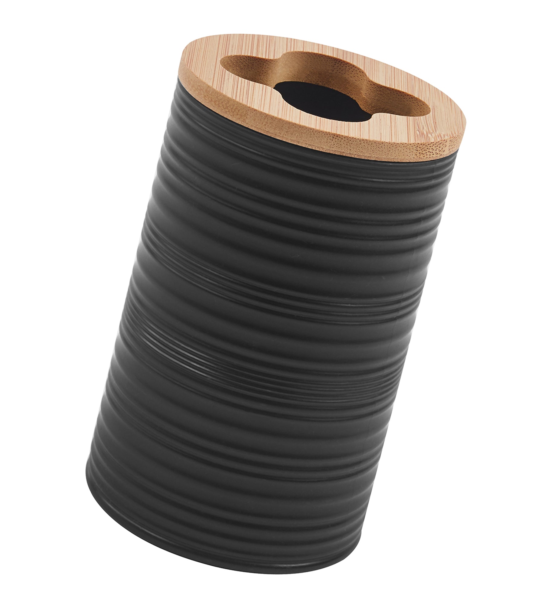 Set Completo Accessori Bagno 6 Pezzi Design Moderno In Plastica e Bambù Incluso Cestino Pattumiera,Dispenser Sapone, PortaSaponetta, Porta Spazzolini - Nero