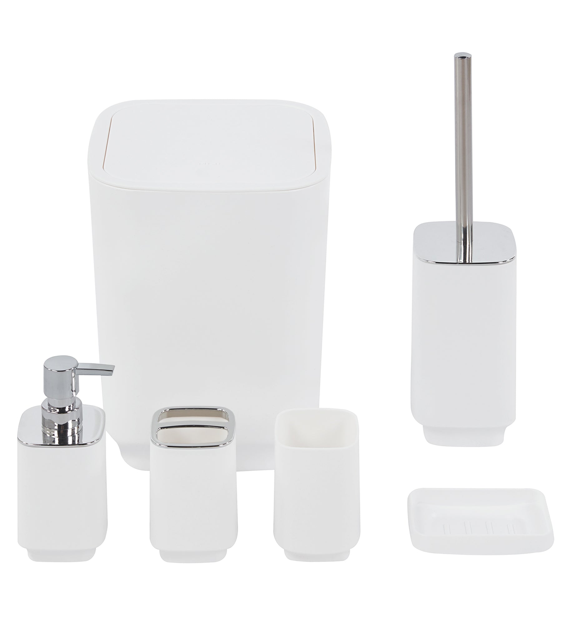 Set Completo Accessori Bagno 6 Pezzi Design Moderno In Plastica Resistente Con Finiture Lucide Incluso Cestino Pattumiera,Dispenser Sapone, PortaSaponetta, Porta Spazzolini, Portascopino - Bianco