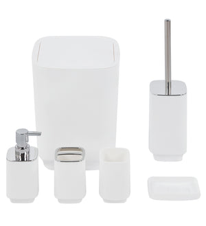Set Completo Accessori Bagno 6 Pezzi Design Moderno In Plastica Resistente Con Finiture Lucide Incluso Cestino Pattumiera,Dispenser Sapone, PortaSaponetta, Porta Spazzolini, Portascopino - Bianco