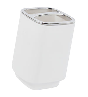 Set Completo Accessori Bagno 6 Pezzi Design Moderno In Plastica Resistente Con Finiture Lucide Incluso Cestino Pattumiera,Dispenser Sapone, PortaSaponetta, Porta Spazzolini, Portascopino - Bianco