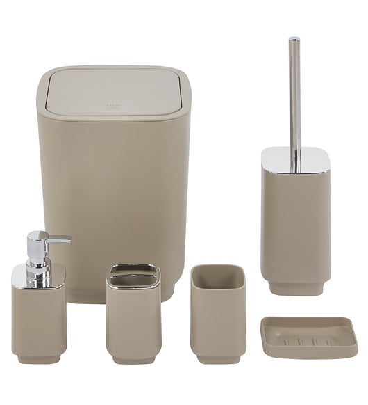Set Completo Accessori Bagno 6 Pezzi Design Moderno In Plastica Resistente Con Finiture Lucide Incluso Cestino Pattumiera,Dispenser Sapone, PortaSaponetta, Porta Spazzolini, Portascopino - Caffe