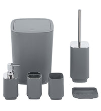 Set Completo Accessori Bagno 6 Pezzi Design Moderno In Plastica Resistente Con Finiture Lucide Incluso Cestino Pattumiera,Dispenser Sapone, PortaSaponetta, Porta Spazzolini, Portascopino - Grigio