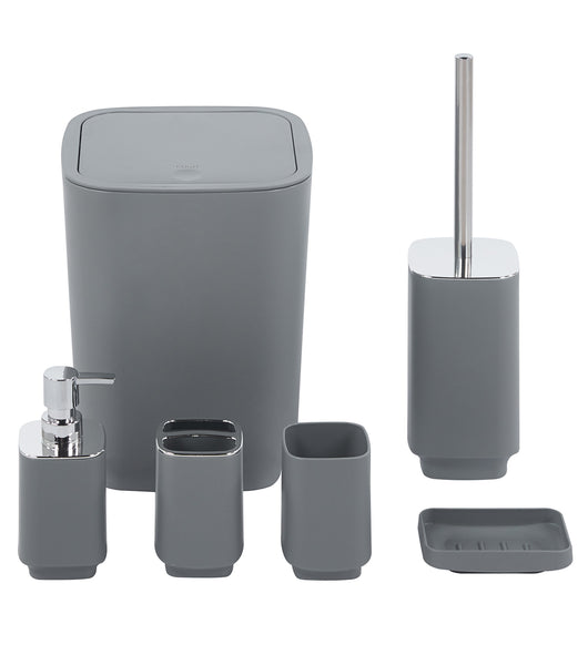 Set Completo Accessori Bagno 6 Pezzi Design Moderno In Plastica Resistente Con Finiture Lucide Incluso Cestino Pattumiera,Dispenser Sapone, PortaSaponetta, Porta Spazzolini, Portascopino - Grigio