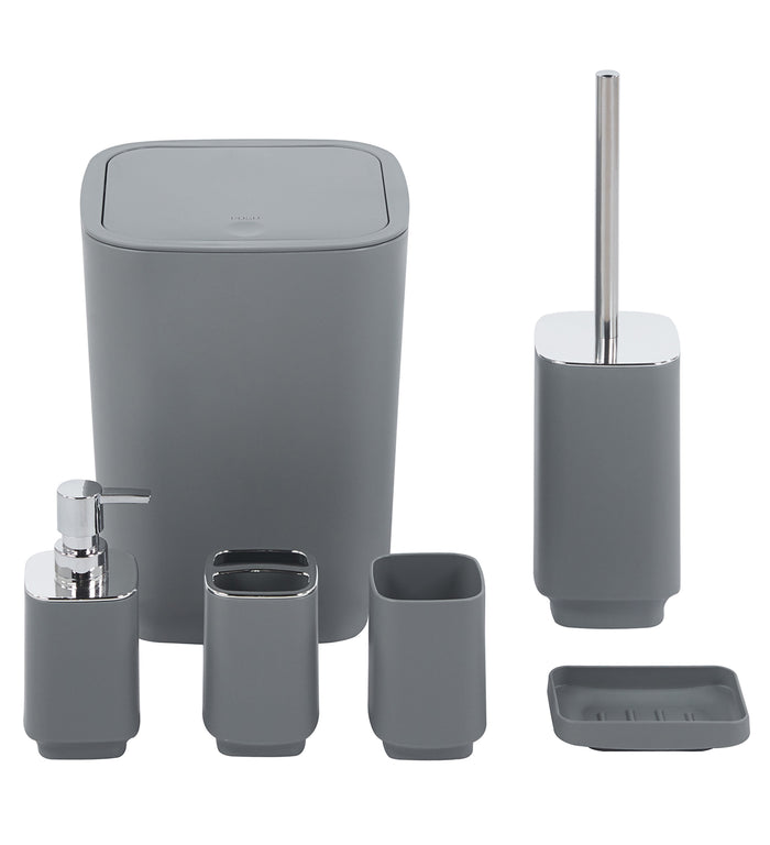 Set Completo Accessori Bagno 6 Pezzi Design Moderno In Plastica Resistente Con Finiture Lucide Incluso Cestino Pattumiera,Dispenser Sapone, PortaSaponetta, Porta Spazzolini, Portascopino - Grigio