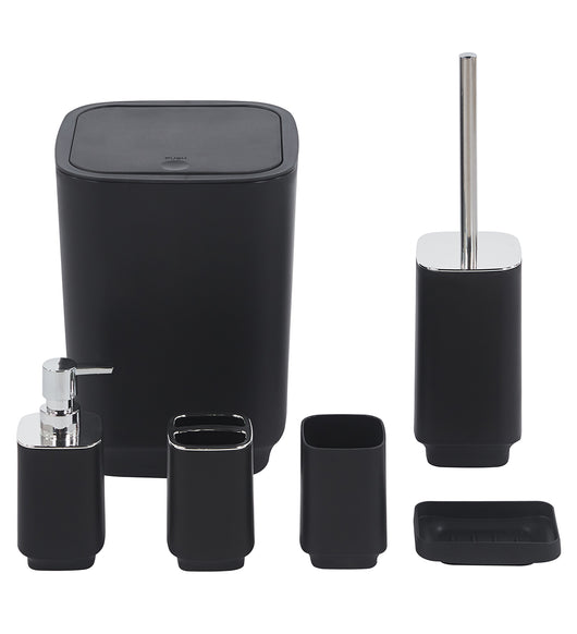 Set Completo Accessori Bagno 6 Pezzi Design Moderno In Plastica Resistente Con Finiture Lucide Incluso Cestino Pattumiera,Dispenser Sapone, PortaSaponetta, Porta Spazzolini, Portascopino - Nero